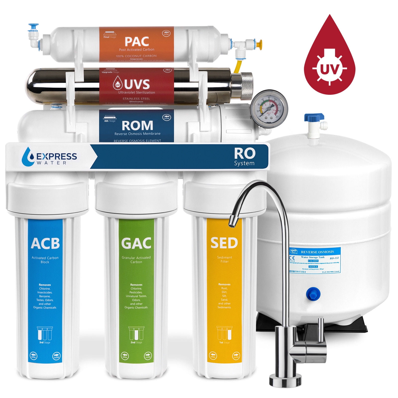 Express Water 6 Stage UV Ultraviolet Reverse Osmosis Water Filtration System 100 GPD RO Membrane