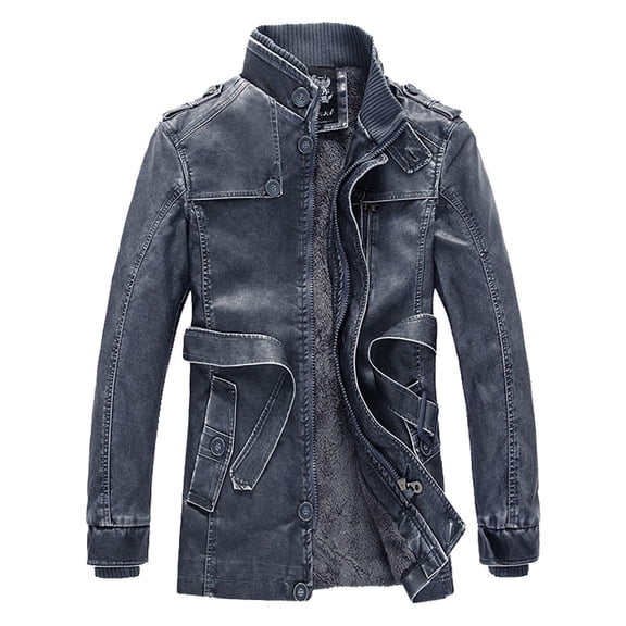 Men's Leather Jacket Stand Collar Medium Length Coat Warm Padded Outerwear Casual Winter Fashion
