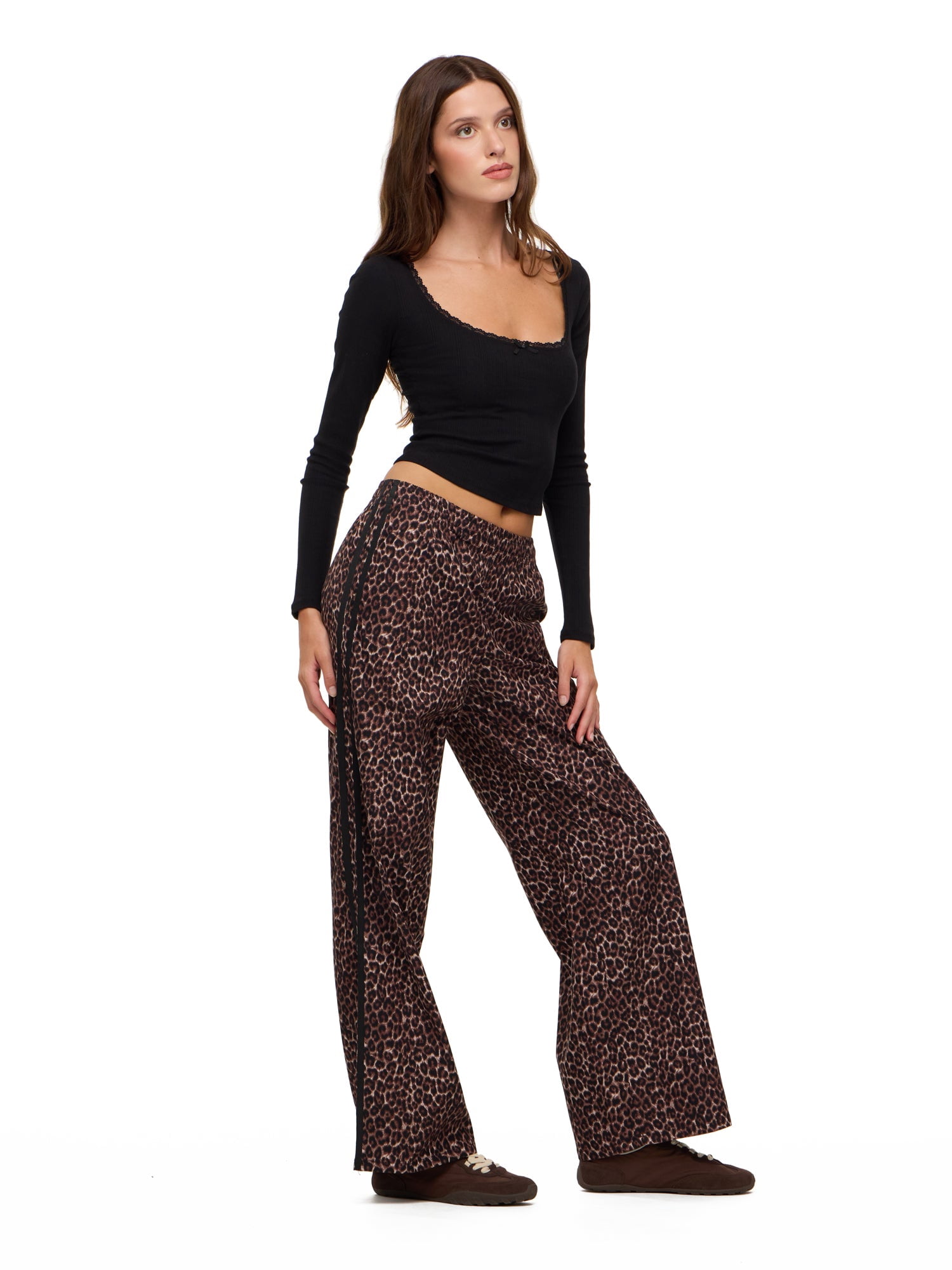 Forever 21 Women's Wide Leg Track Pants with Side Stripes, 100% Polyester Casual Athletic Lounge Pants, Leopard, XXS-XXL
