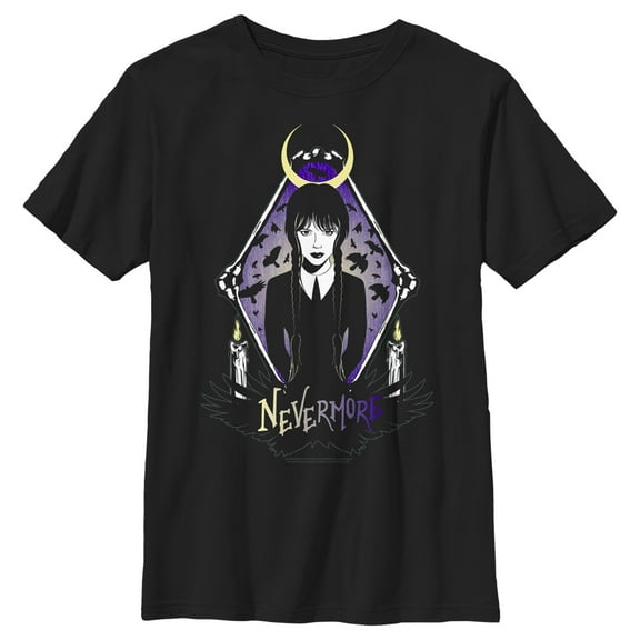 Boy's Wednesday Nevermore Portrait  Graphic Tee Black Medium