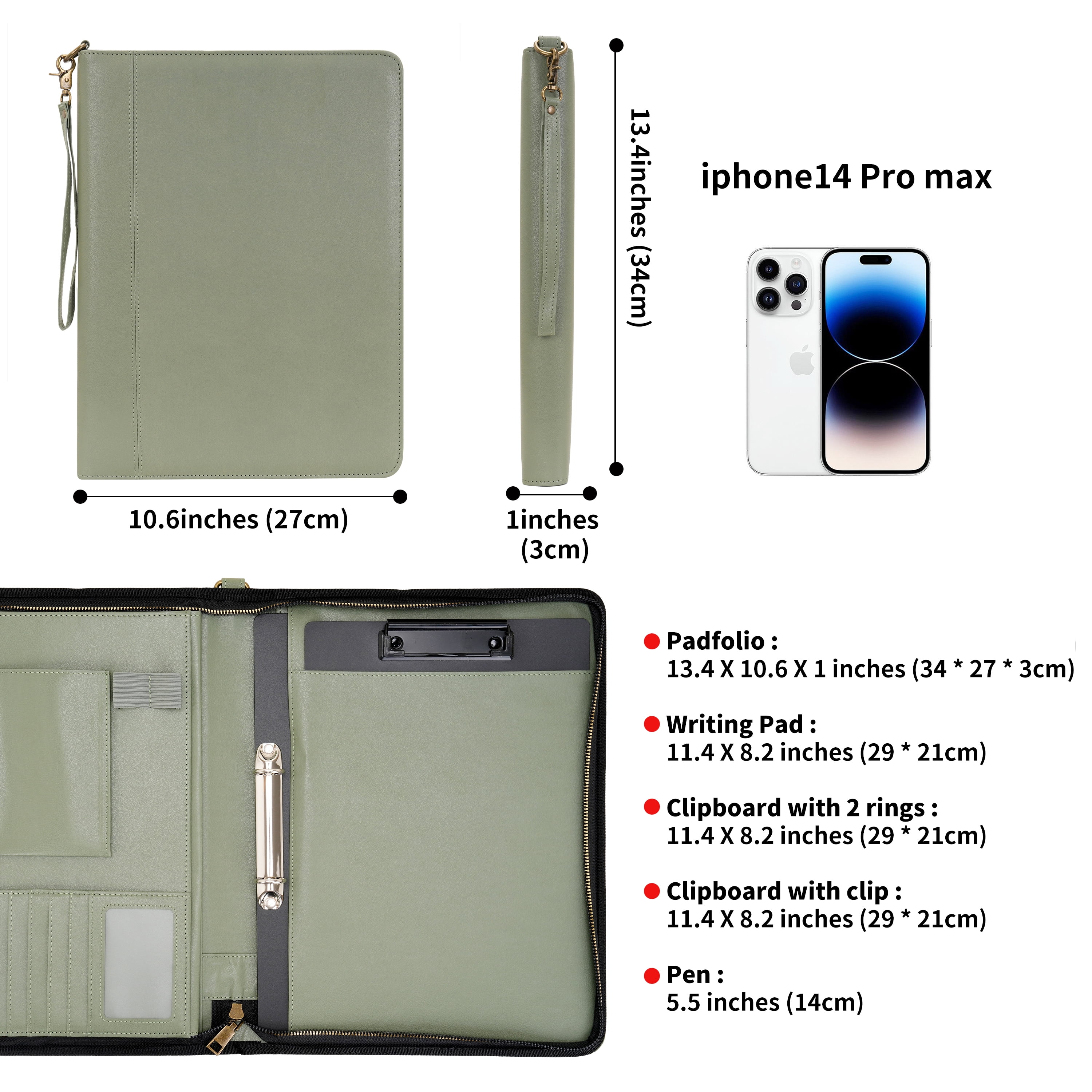 Wason A4 Portfolio with Zipper - Leather PU Padfolio with Detachable Ring Binder and Writing Notepad Holder, Conference File Multi-Pockets Organizer for Office Travel School (Green)