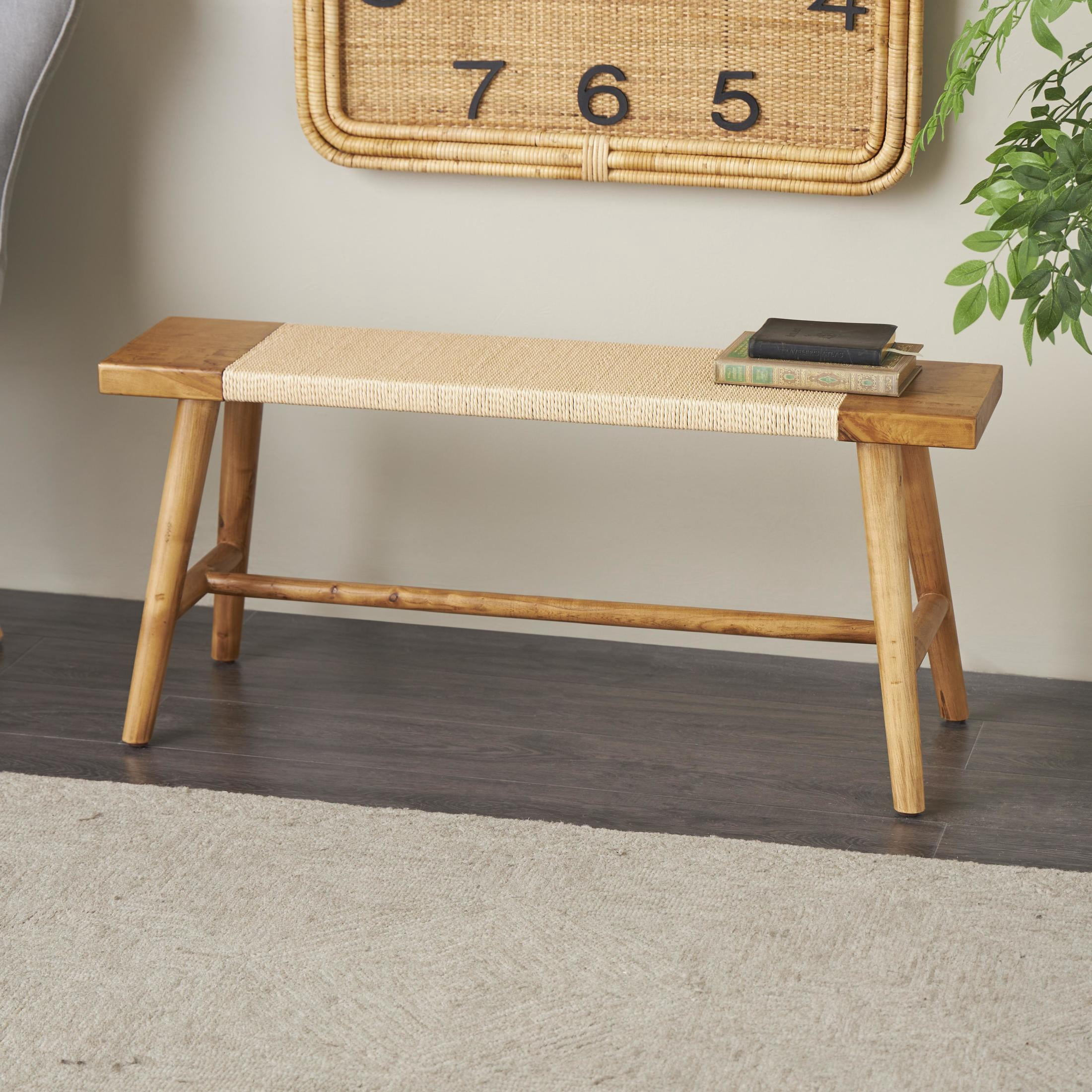 DecMode Wood Handmade Slim Bench with Faux Rattan Wrapped Seat, Brown