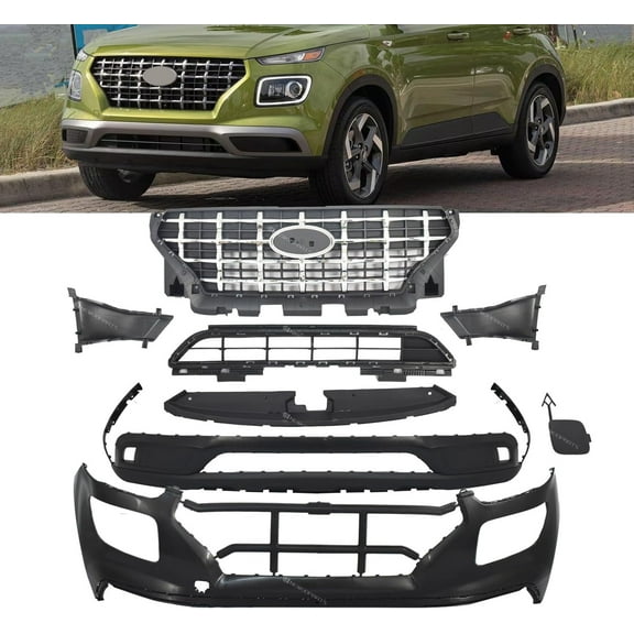 JX RACING Compatible with Hyundai Venue 2020-2025 Front Bumper Upper Lower Grille With Trim Cover 7PCS
