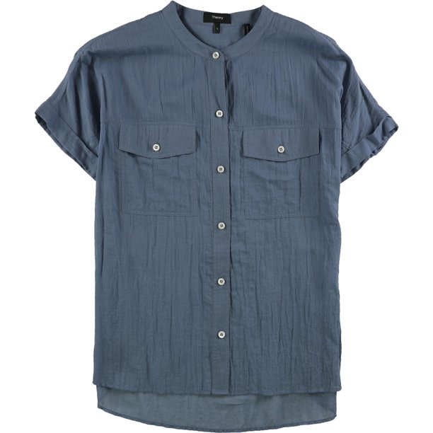 Theory Blusa con botones para mujer, azul, grande
