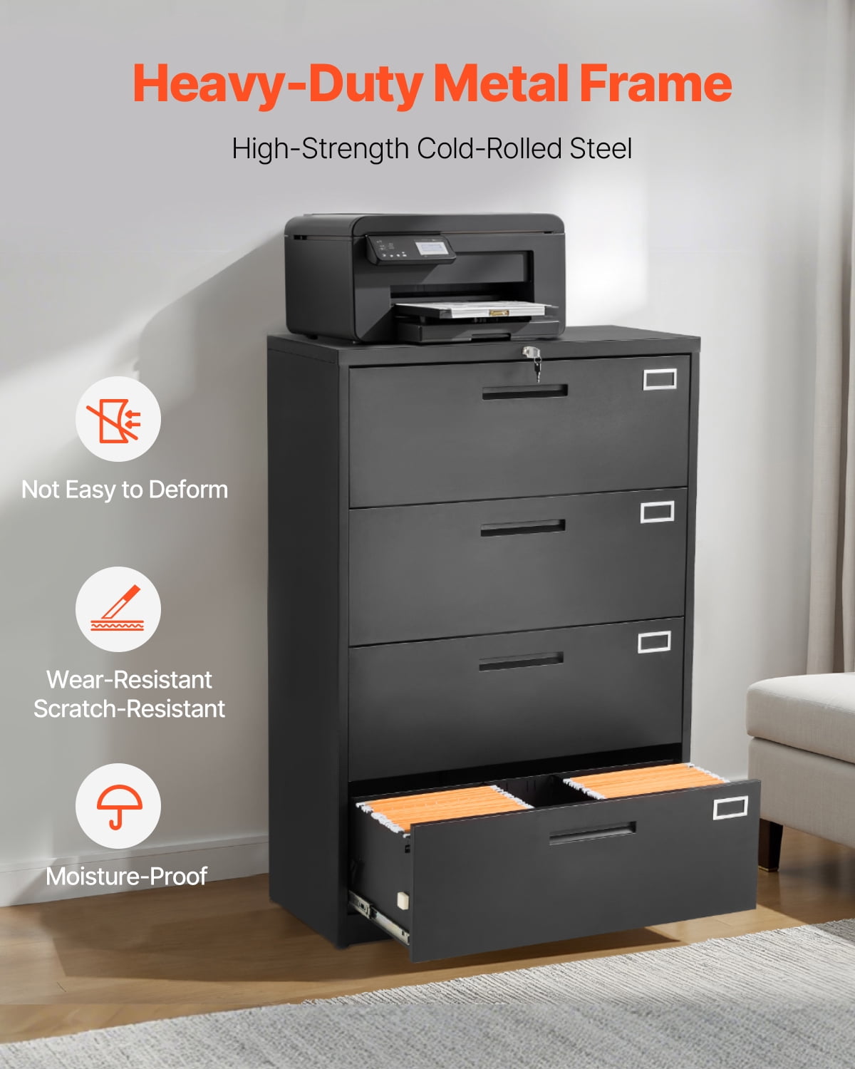 VEVOR 4 Drawers Metal File Cabinet, Vertical Filing Cabinet with Lock and Adjustable Hanging Rod, Tall Filing Storage Cabinets for Home and Office Fit Letter,A4,Legal Size File,Easy Assembly,Black