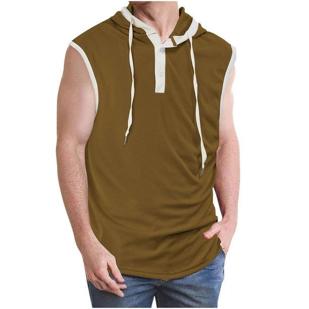 Top Abrigo de los Hombres de Color Sólido sin Mangas con Capucha, Diseño de Cordón de Botón Abrigo de Moda de Ocio