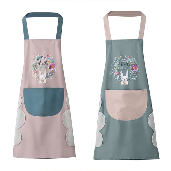 HELLO SPRING Cute Bunny Apron Set Floral Design Kitchen Aprons with Pockets, Adjustable Neck Strap, 2 Pack