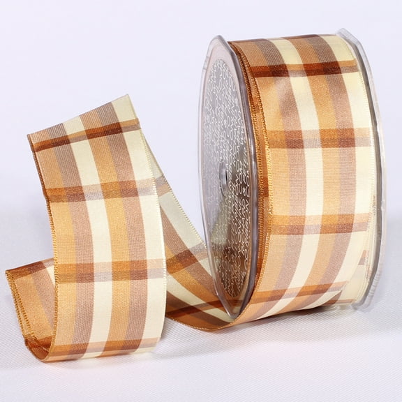 The Ribbon People Ivory and Brown Summer Plaid Wired Craft Ribbon 1.5" x 27 Yards