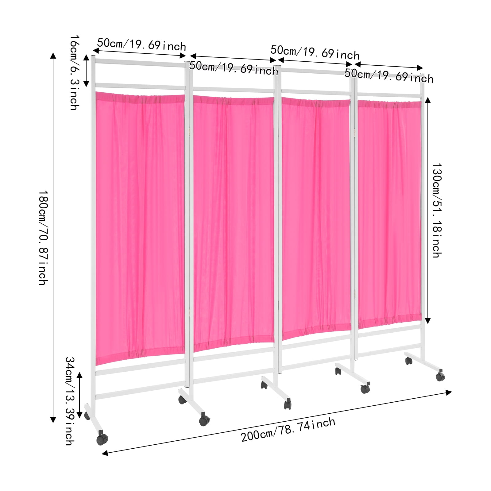 4-Panel Medical Room Divider, Medical Privacy Screen, Portable and Foldable Medical Room Divider Pink