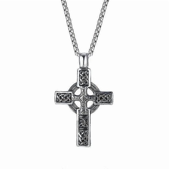 Creative Celtic Knot Pattern Cross Necklace For Men Vintage Pendant With Stainless Steel Chain Jewelry Amulet Necklace