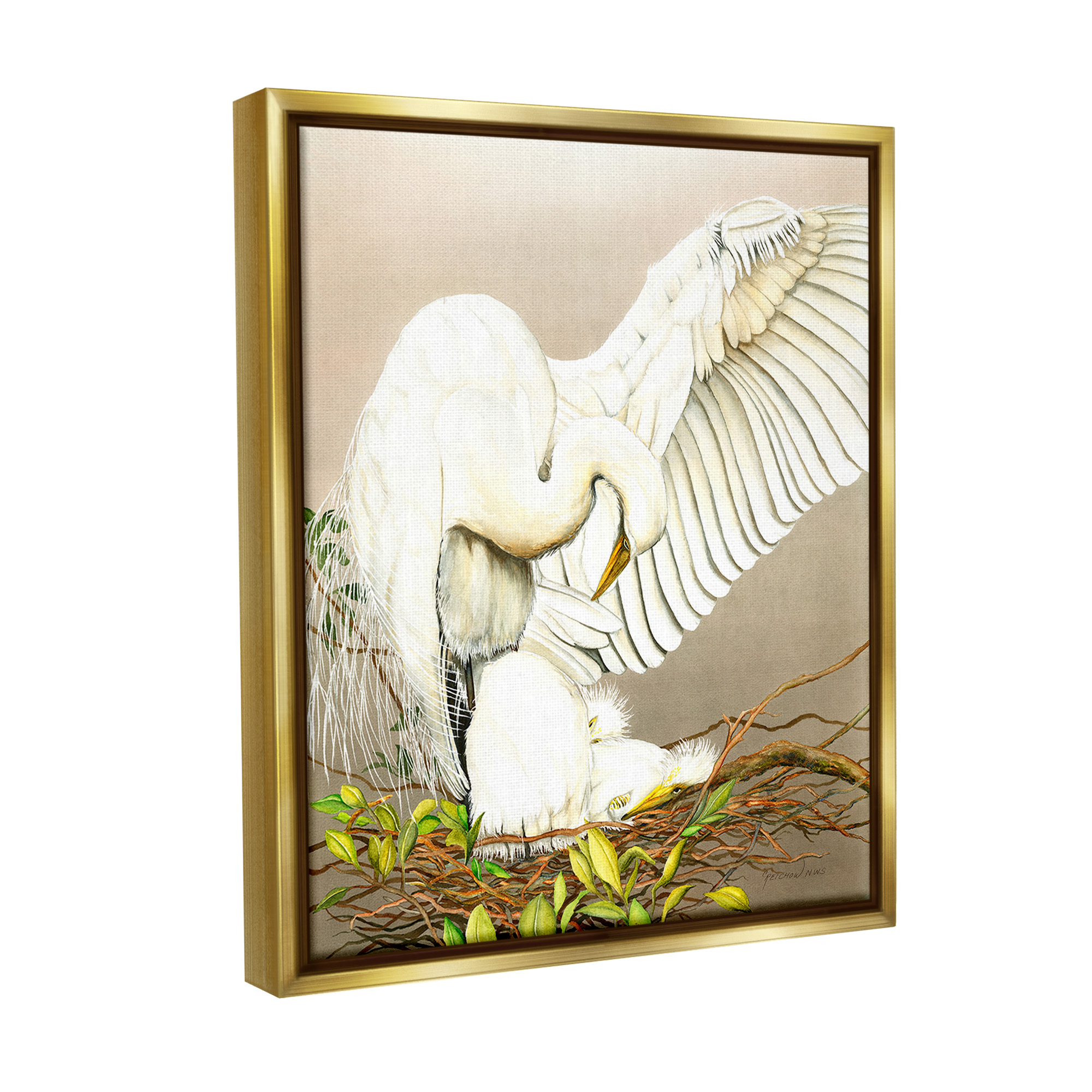 Stupell Industries White Bird & Nest Animals & Insects Painting Gold Floater Framed Canvas Art Print Wall Art, 25 x 31