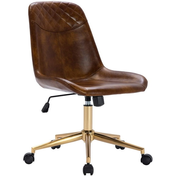 DUHOME Modern PU Leather Office Chair Desk Chair Swivel Computer Chair with Gold Base Yellowish-Brown