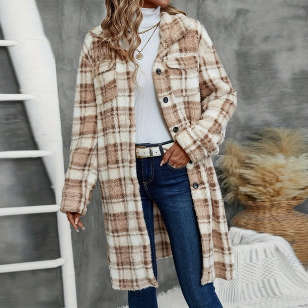 Womens Long Shacket Jacket Plaid Lapel Button Down Trench Coats