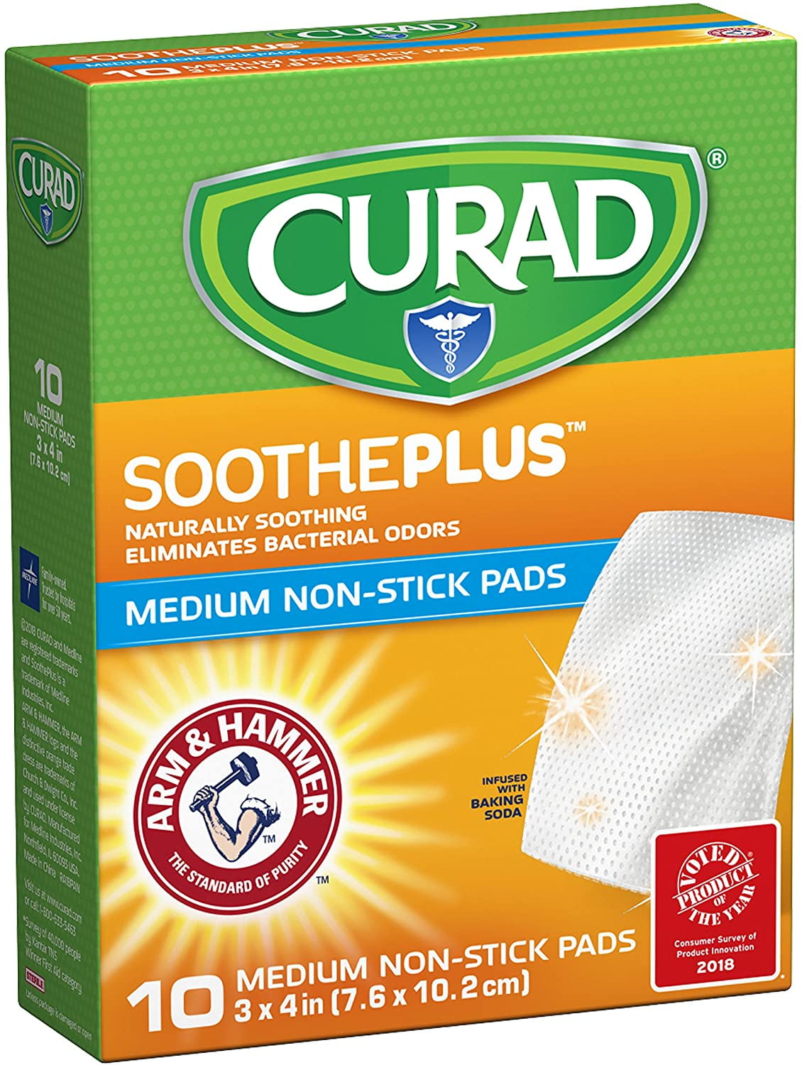 Curad Sootheplus Medium Non Stick Pads with Baking Soda, Arm and Hammer