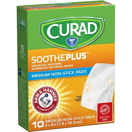 Curad Sootheplus Medium Non Stick Pads with Baking Soda, Arm and Hammer, 3 x 4 in, 10 Ea, 2 Pack