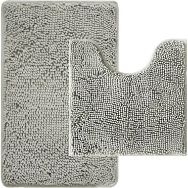 Bathroom Rugs Sets 2 Piece, Absorbent Bath Mat for Bathroom Very Soft Chenille Bathroom Rug Non-Slip, 32x20   20x20 Inch U Shape Bathroom Mat, Machine Washable Bath Rugs (Light Grey)