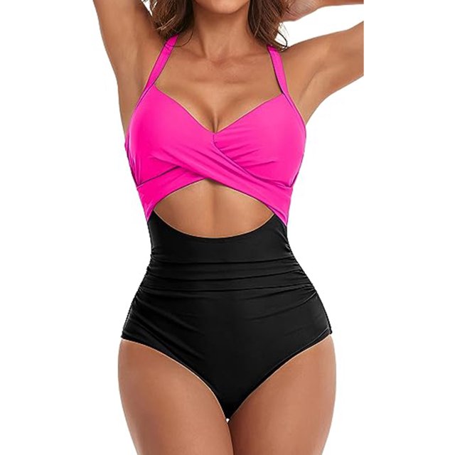 Innerwin Maillot de Bain Dégradé pour Femmes, une Pièce, Manches Longues, Dos Nu, Noir + Rose Rouge TG