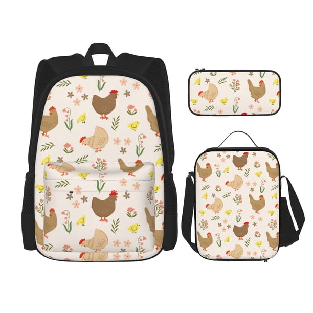 Easygdp Chicken Family Mochila para Niños y Niñas con Set de Caja de Almuerzo y Estuche para Lápices 3 en 1, Mochila Escolar Estampada para Adolescentes