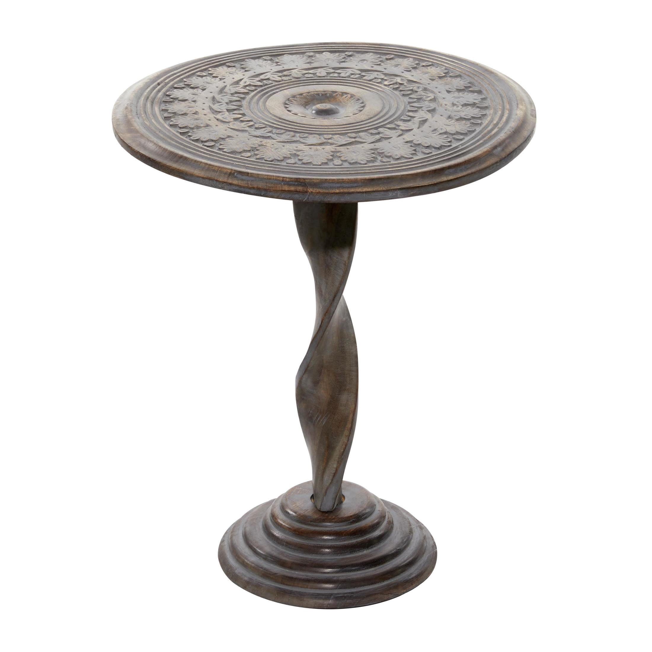DecMode 18" x 22" Brown Mango Wood Handmade Intricately Carved Floral Accent Table with Spiral Pedestal, 1-Piece