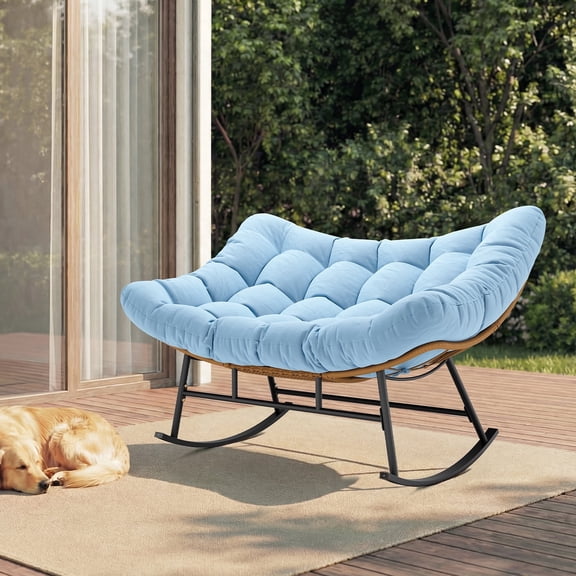 SIKAIC Oversized Double Outdoor Papasan Rocking Chair,Egg Rocker with Water Resistant Cushion,PE Wicker,Patio Chair for Porch,Garden,Living Room,Sky Blue