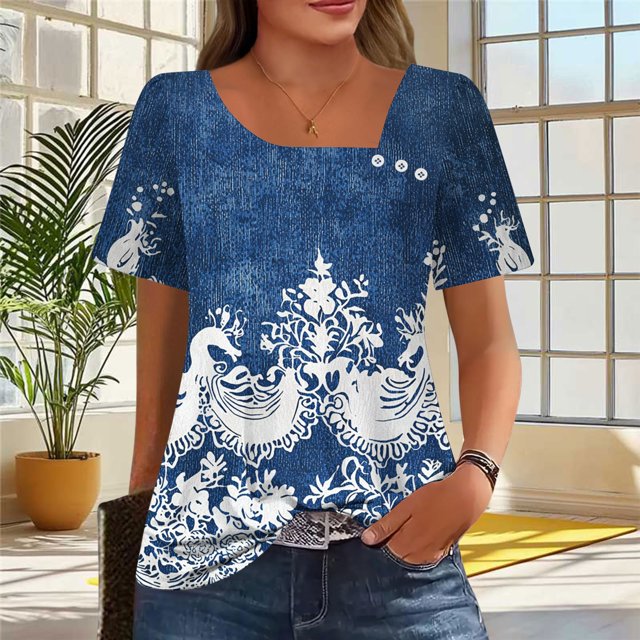 Weiqiqre Hauts de Printemps pour Femmes Manches Courtes Hauts Chemises Boho Florales Col Rond Plissé Tenue d'Été Tunique Décontractée