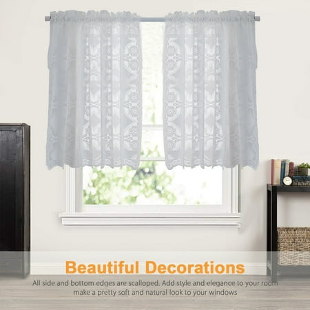Fl Lace Complete Curtains 2 Tier 24 36inch Rod Pocket For Kitchen Casual Weave Textured Cafe Curtain Semi Sheer Short Bathroom Half Window X 29 36 Set White Fl Lace Complete Curtains 2 Tier, Shari Lace Balloon Curtains