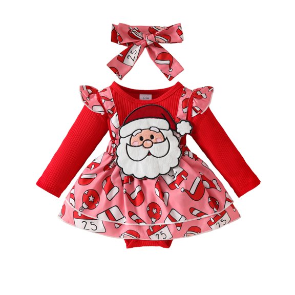 Newborn Baby Girl Christmas Outfit Santa/Gingerbread Man Long Sleeve Romper Dress with Headband Set Infant Xmas Clothes