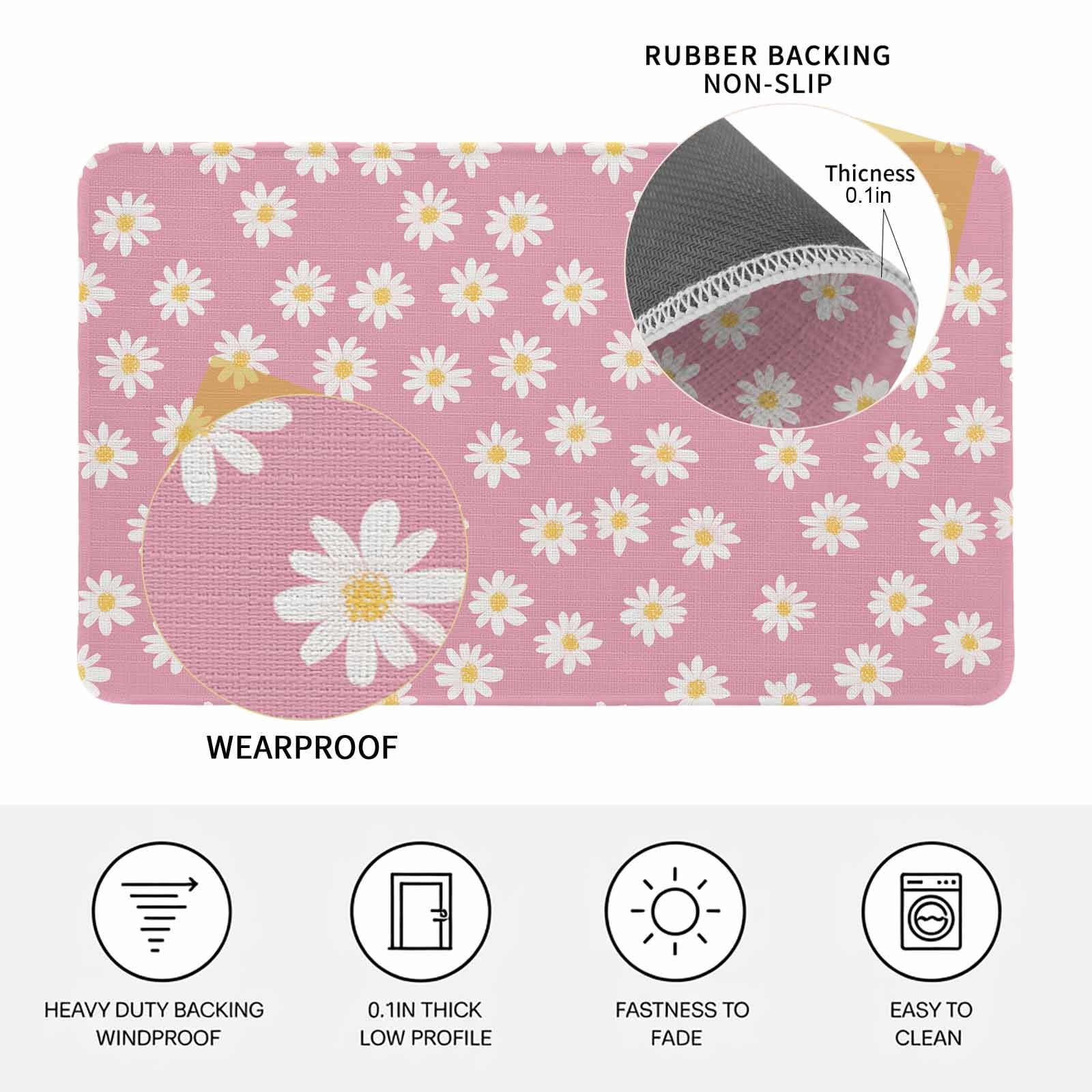 White Pink Daisy Doormat Outdoor Entrance 18"x30", Spring Summer Floral Farmhouse Absorb Moisture Dirt Door Mats, Non-Slip Rubber Backing Floor Mats Indoor, Low-Profile Front Door Rugs