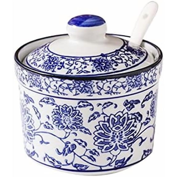 Ceramic Blue and White Porcelain Sugar Bowl Spice Jar with Lid and Spoon Seasoning Box Condiment Pots White Sugar Dispenser 8 Ounces$$Home Decor, Kitchen, & Other