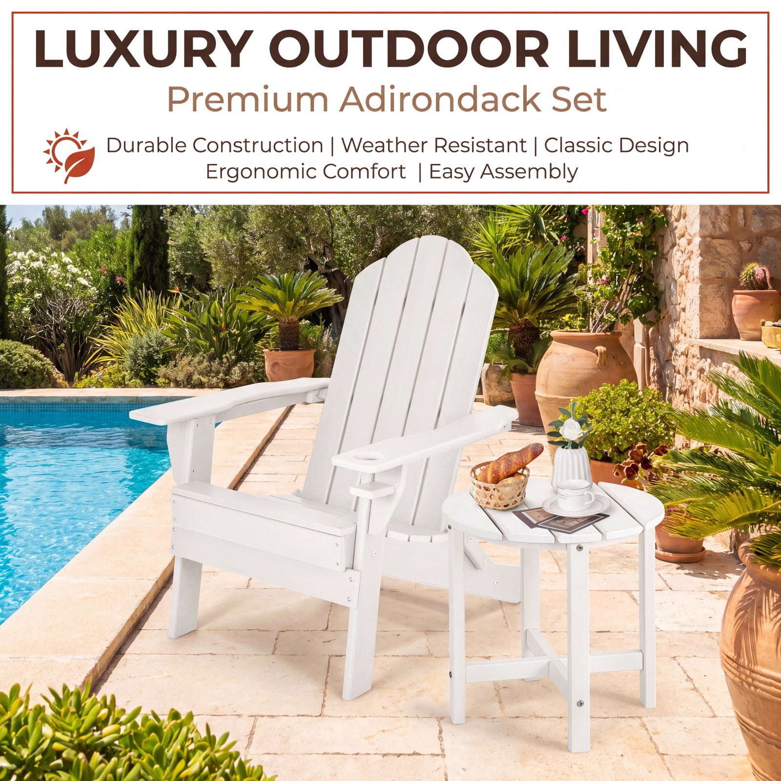 Furnibear 18 Inch Round Weather Resistant Adirondack Outdoor Side Table with Slatted Top for Patio Deck and Garden Seating, White