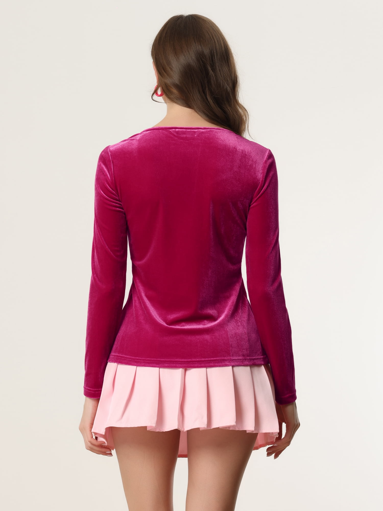 DARING DIVA Women's Velvet Sweetheart Neck Long Sleeves T-Shirt XS Hot Pink