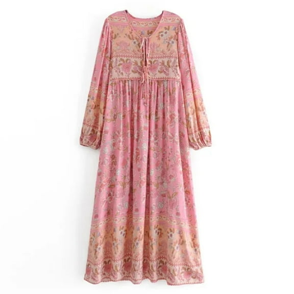 Floral Print Vintage Women V-neck Lantern Sleeve Tassel Beach Bohemian Maxi Dress Rayon Holiday Boho Dress Robe Vestidos