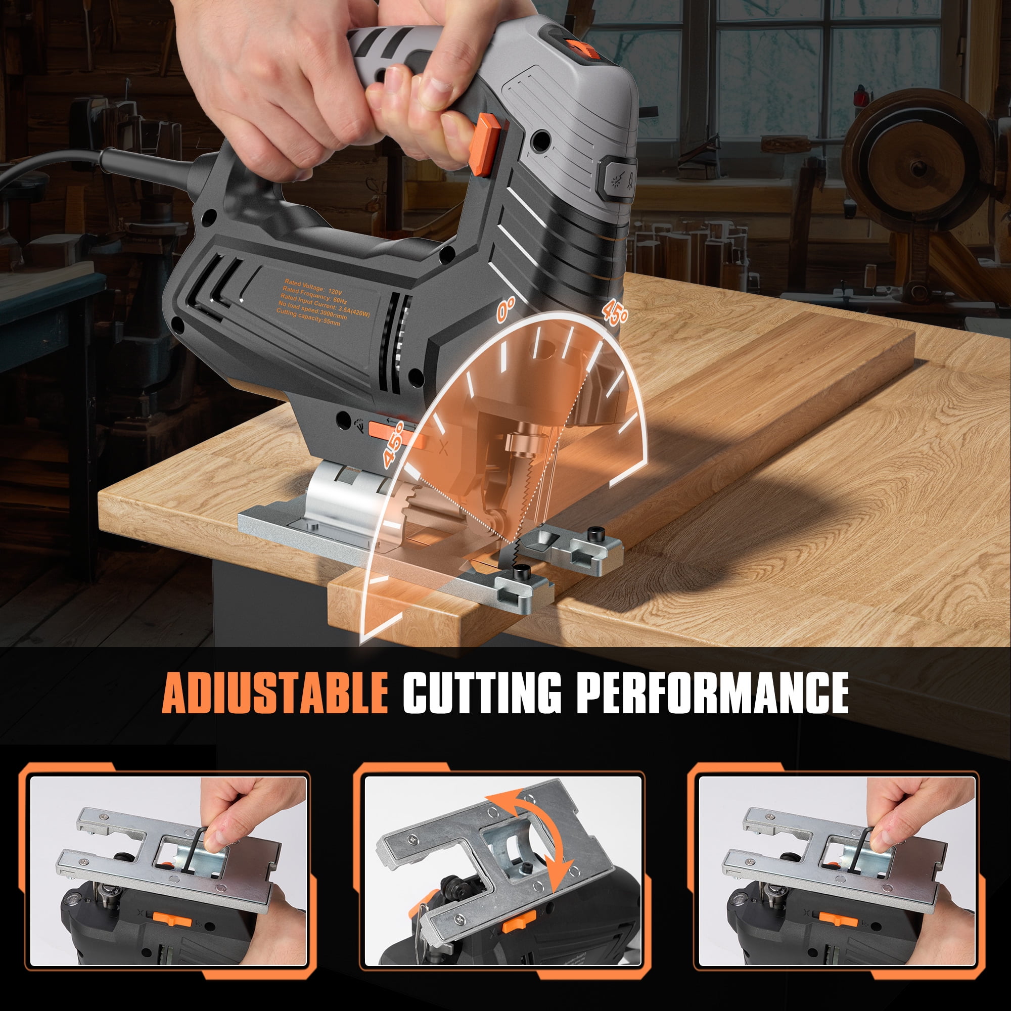 ENGINDOT 800W 120V,6.7A 6 Variable Speed Jigsaw,4 Orbital Power Saw with Laser&LED Light&6 Blades for Wood/Steel/PVC Cutting