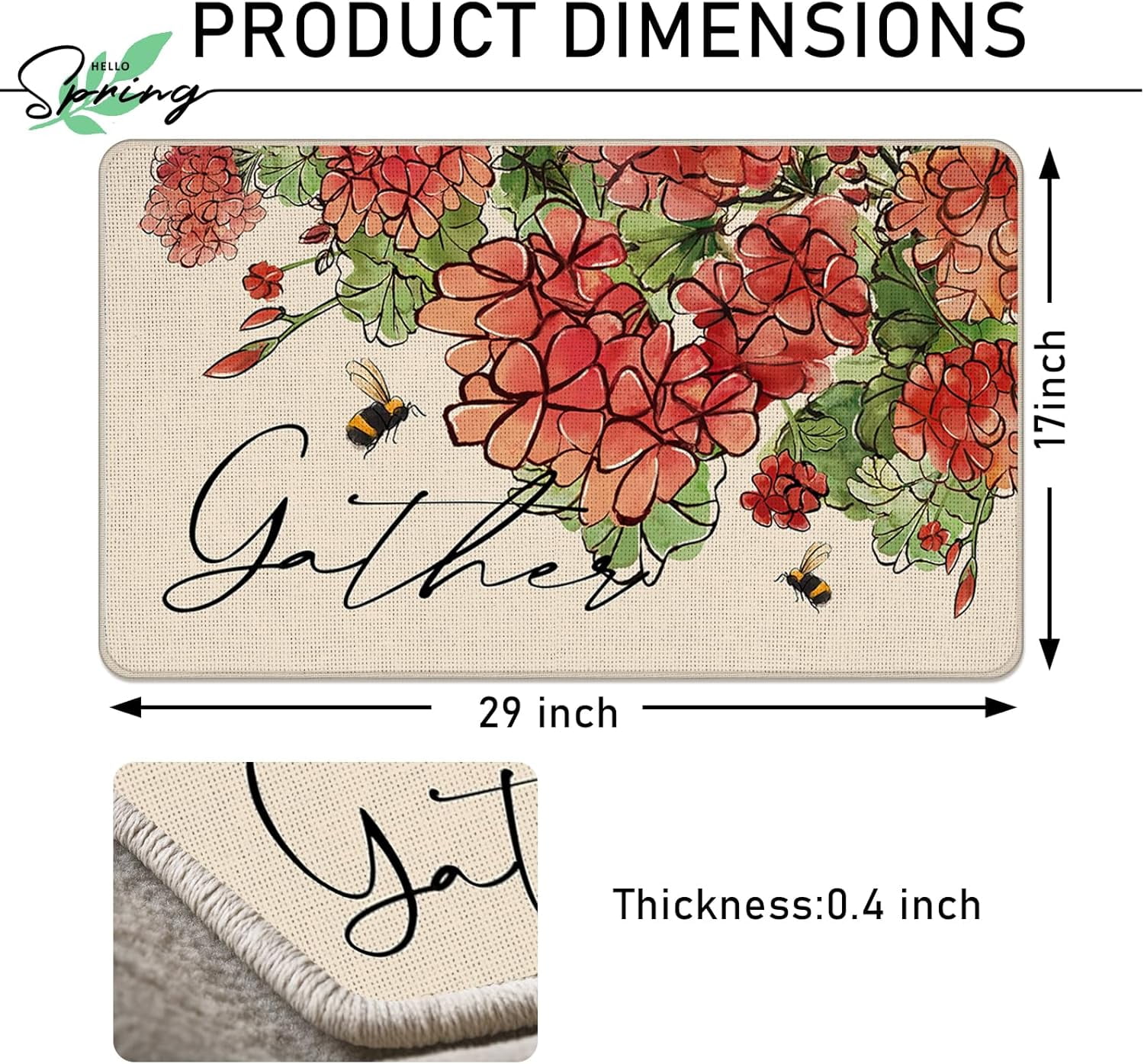 Spring Summer Floral Flower Decorative Front Door Mat, Red Geranium Doormat Indoor Outdoor Non-Slip Floor Entryway Rug, Gather Bee Seasonal Home Kitchen Decoration 17x30 Inch