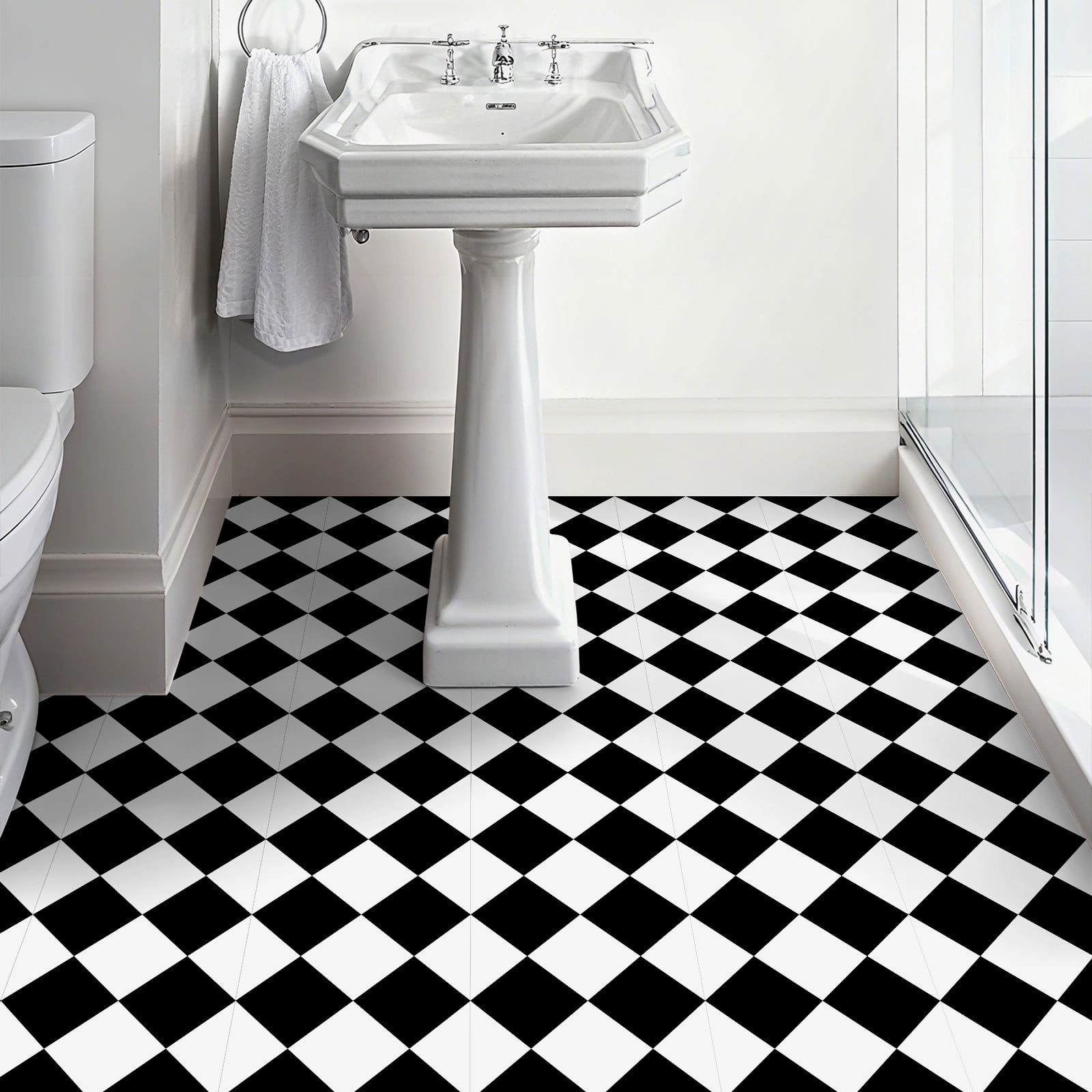 DEWOO 12" x 12" Peel and Stick Floor Tile, 10 PCS Self-Adhesive DIY Vinyl Flooring for Renters, Removable and Waterproof Tile Sticker for Bathroom, Kitchen, Staircase (Black White Grid)