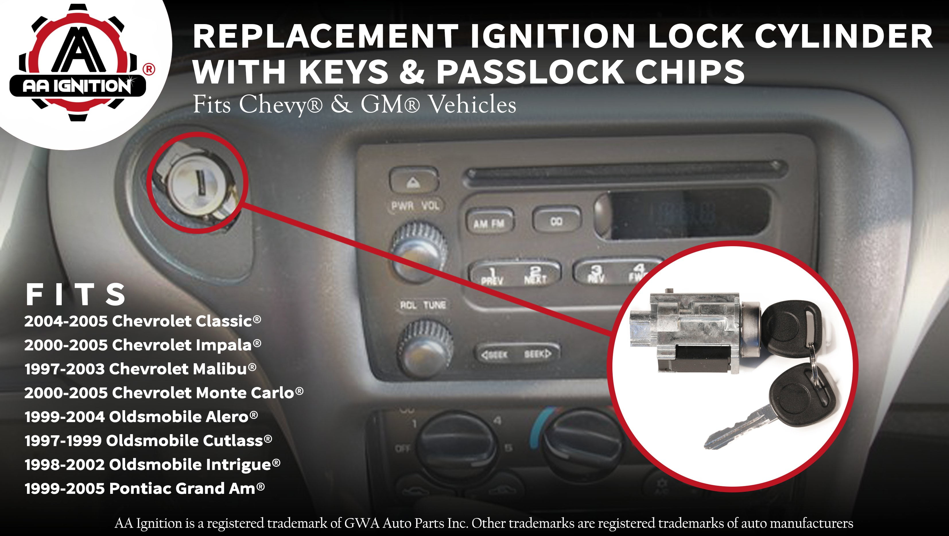 22599340 Ignition Switch Lock Cylinder With 2 Keys Fit for Chevy Malibu Impala Olds Alero Pontiac Grand Am Replace # 12458191