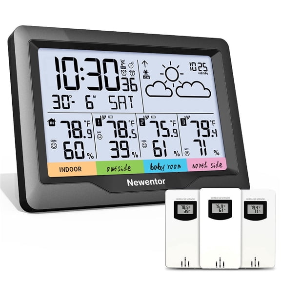 Newentor 6" Digital Display Weather Station for Home with 3 Outdoor Sensors, Indoor Outdoor Thermometer, Black