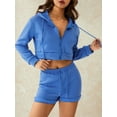 thumbnail image 3 of Seyurigaoka Women 2 Pcs Pants Suit Plain Long Sleeve Hooded Zip-Up Crop Jacket + High Rise Drawstrings Short Pants Ladies Casual Streetwears, 3 of 9
