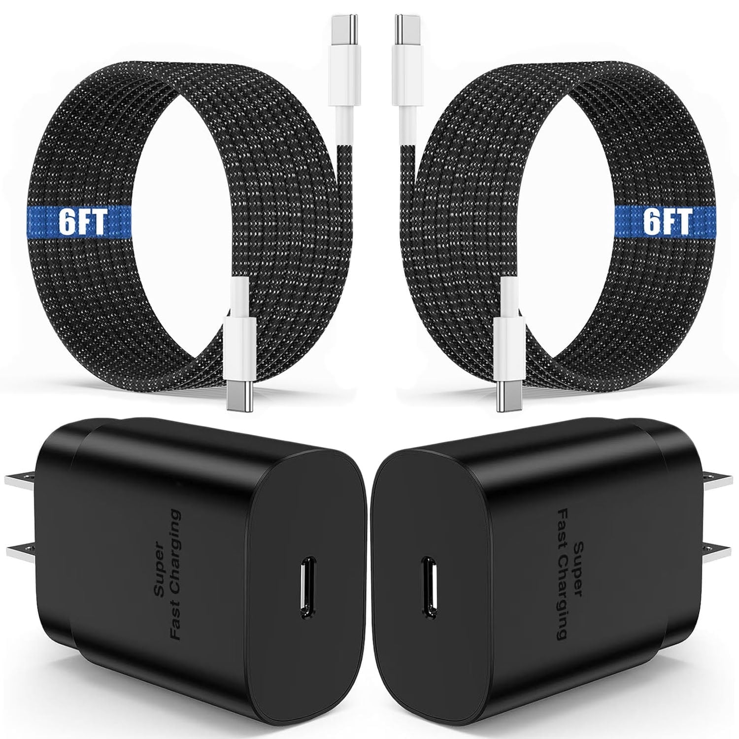 Super Fast Charger Type C, 2Pack 25W USB C Fast Charging Block Wall Charger with 2*6FT Android Charger Cable Compatible with Samsung Galaxy S25/S24/S23 Ultra/S23+/S22/S21/S20/iPhone 17/16 Case