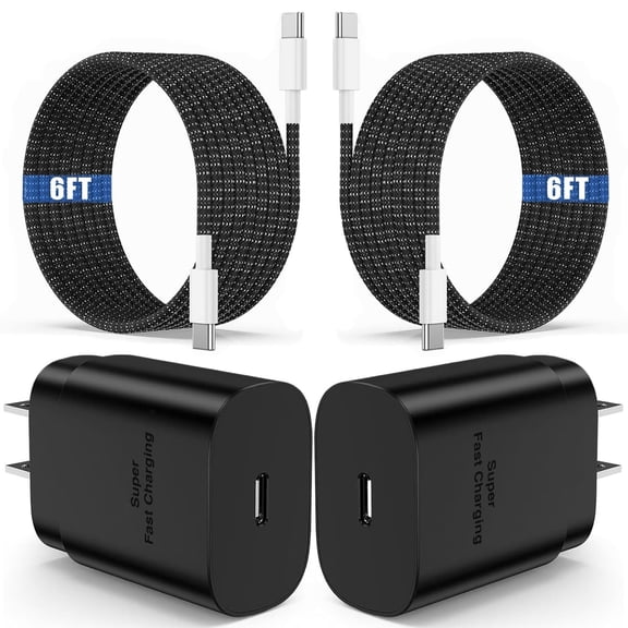 Super Fast Charger Type C, 2Pack 25W USB C Fast Charging Block Wall Charger with 2*6FT Android Charger Cable Compatible with Samsung Galaxy S25/S24/S23 Ultra/S23 /S22/S21/S20/iPhone 17/16 Case