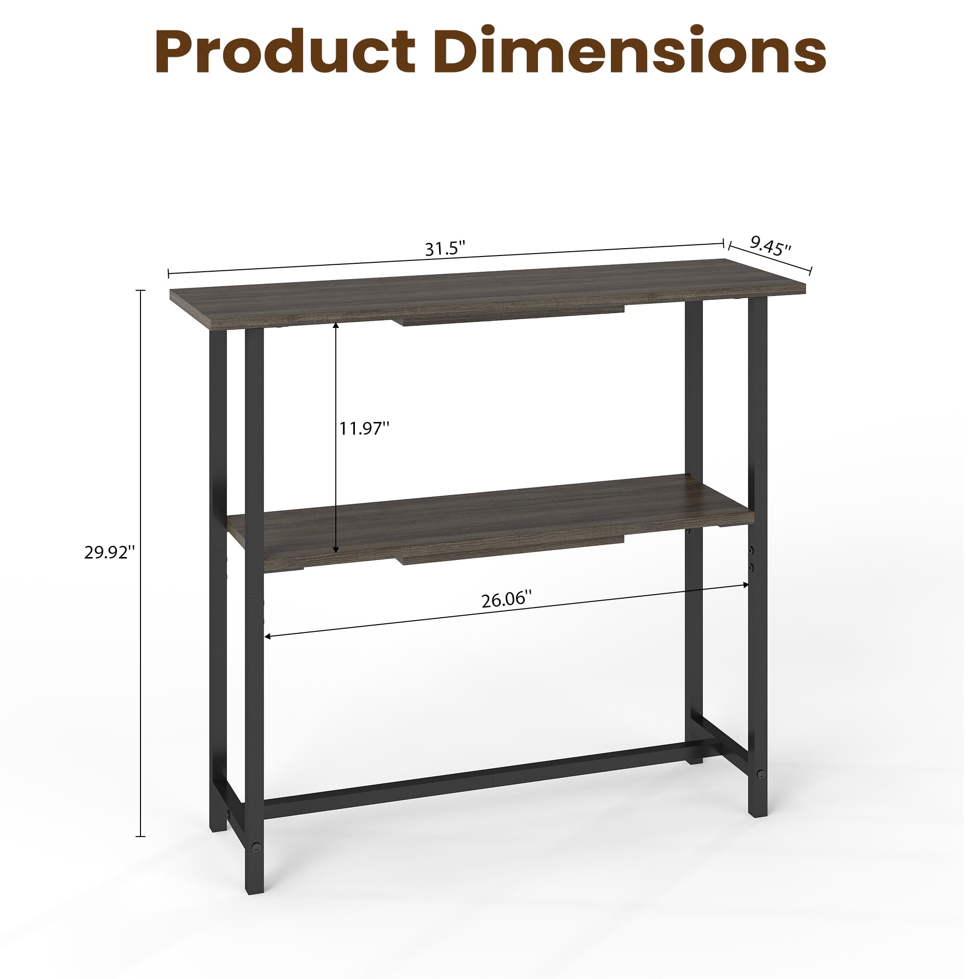 Manora Modern 2-Tier Console Table, Narrow Sofa Table with Adjustable Feet for Entryway, Living Room, Charcoal Gray