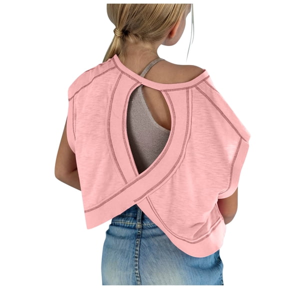 Dwellite Open Back Workout Tops for Girls Trendy Short Sleeve Cross Athletic Crop Shirts Lightweight Gym Yoga T Shirts Pink 150