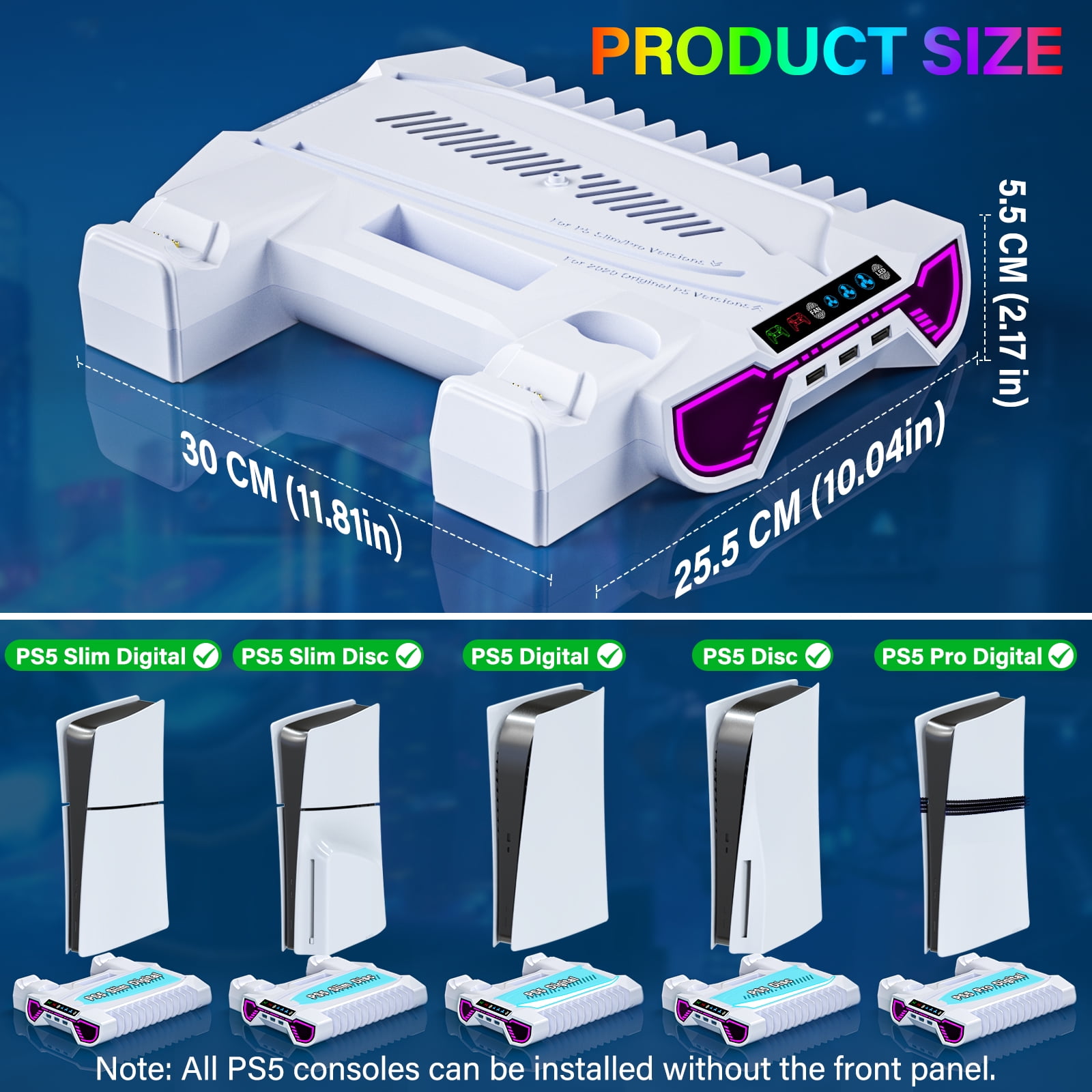PS5 Stand with Cooling Fan, PS5 Cooling Station with Dual Controller Charging Station,PS5 Accessories for PS5 Standard Edition & Slim Edition & Pro Edition consoles - 3 Levels Fan & 3 USB Hubs,White