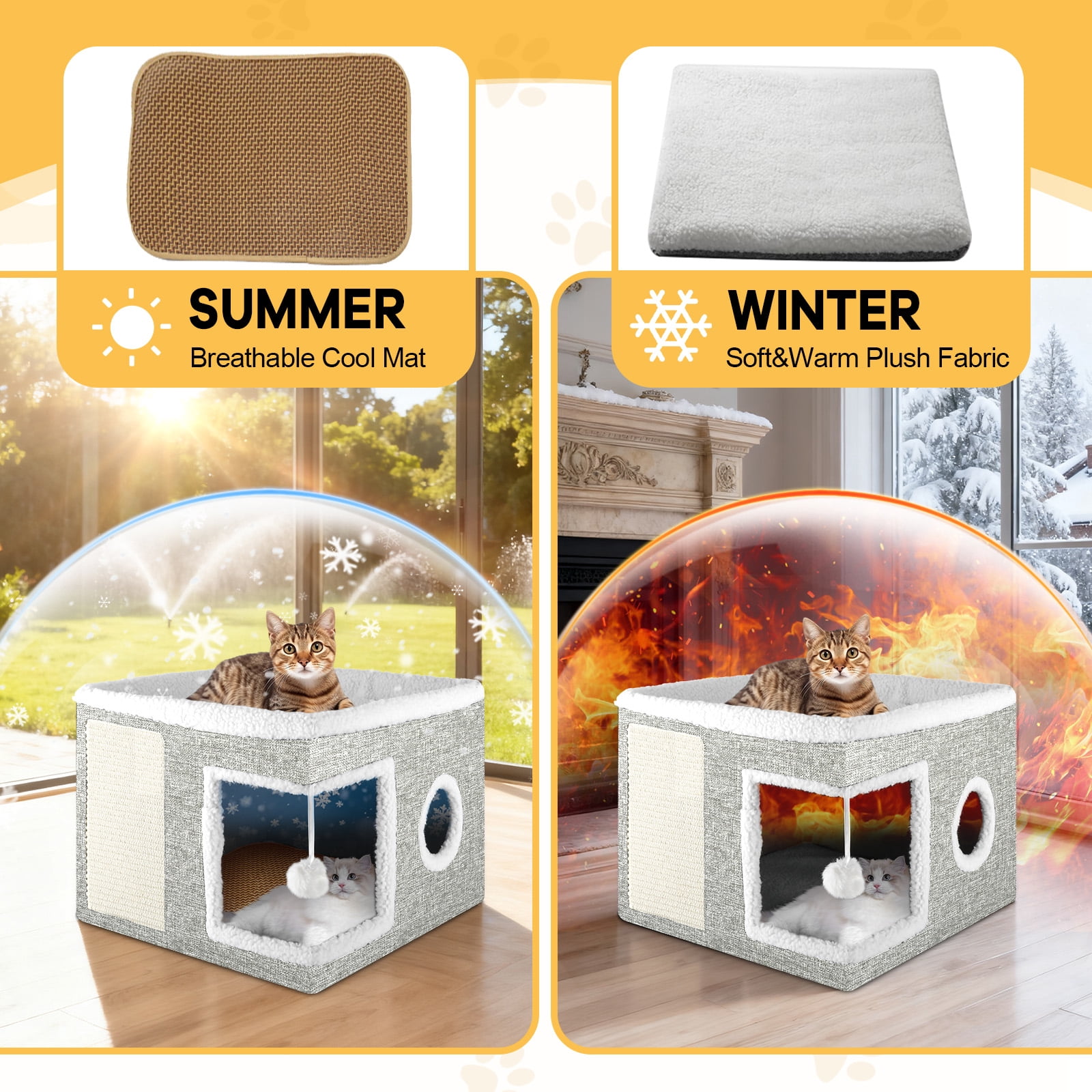 Cat Bed YUWENUS Cat House for Indoor Cats with 2 Cushion, Large Cat Cave with Scratch Pad and Fluffy Ball Hanging, Light Gray