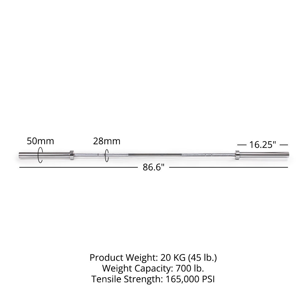 Titan Fitness Performance Series 20 KG Olympic Bar, 700 LB Capacity, 28mm Shaft, Chrome Finish