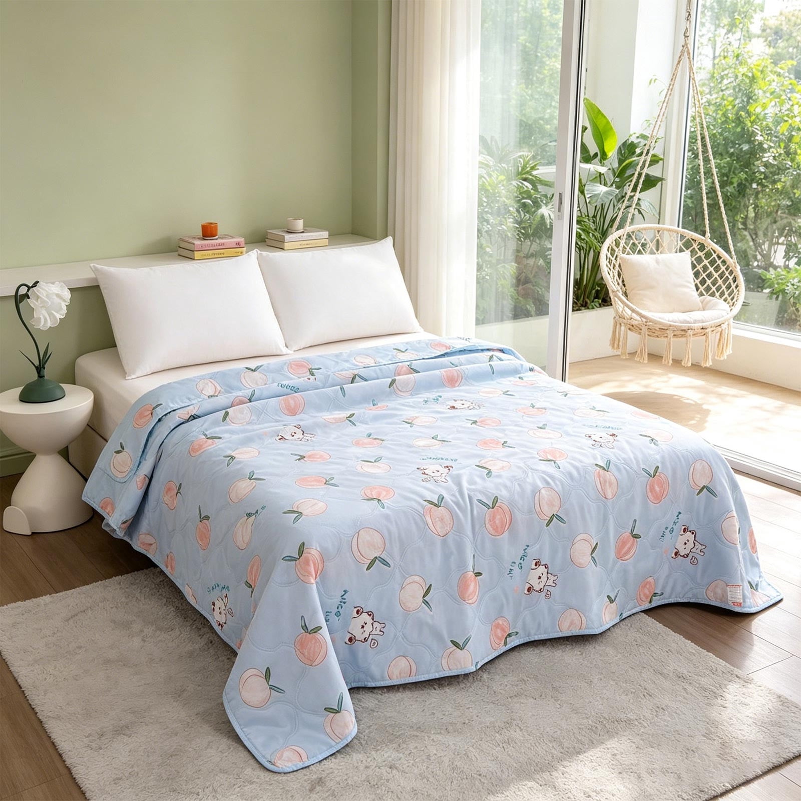 YiJuHui Washed Cotton Quilt, Lightweight Summer Air Conditioning Blanket, Soft Breathable Peach Bear Print Bedspread, Machine Washable Thin Throw for Couch Travel