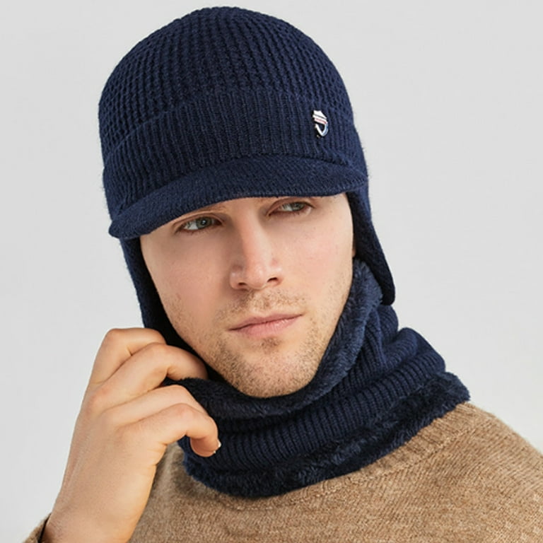 Anpro Winter Hats for Men, Warm Knit Hat Scarf Set 2 in 1 Neck Warmer -  Black Gray