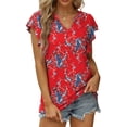 thumbnail image 1 of Blusa con mangas con volantes Top Escote en V Manga corta estampada Blusa ajustada con mangas con volantes para verano Rojo Floral XL, 1 of 6