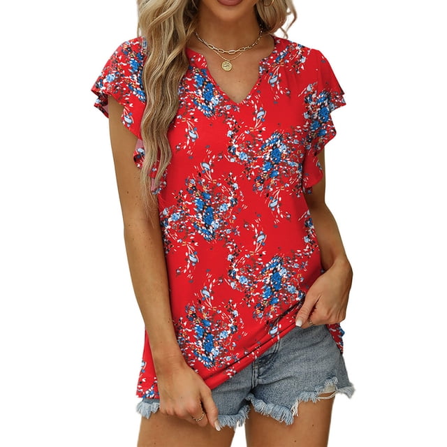 Blusa con mangas con volantes Top Escote en V Manga corta estampada Blusa ajustada con mangas con volantes para verano Rojo Floral XL