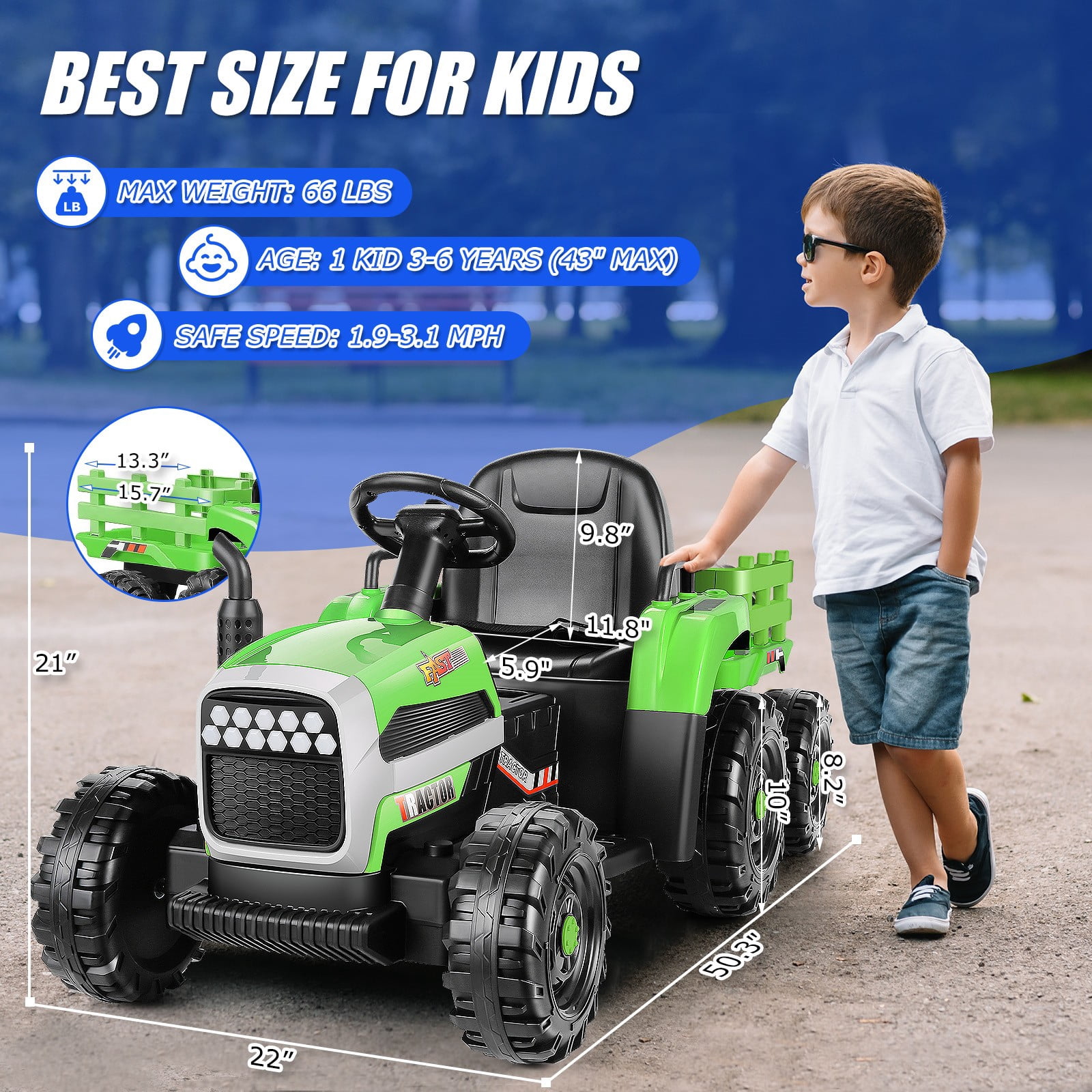 Funcid 12V Kids Ride on Tractor with Trailer 7AH Battery Powered Tractor Electric Car for Toddler, Ride on Toys Motorized Vehicle with Parents Remote Control, Bluetooth, 3 Speeds, 11-LED Lights Green